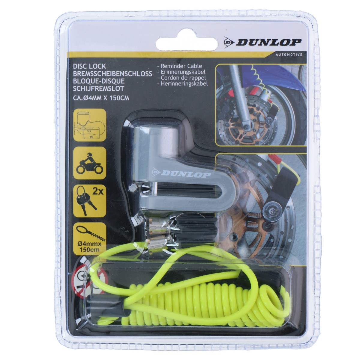 Dunlop disc lock with reminder cable, 4mm x 150cm.
