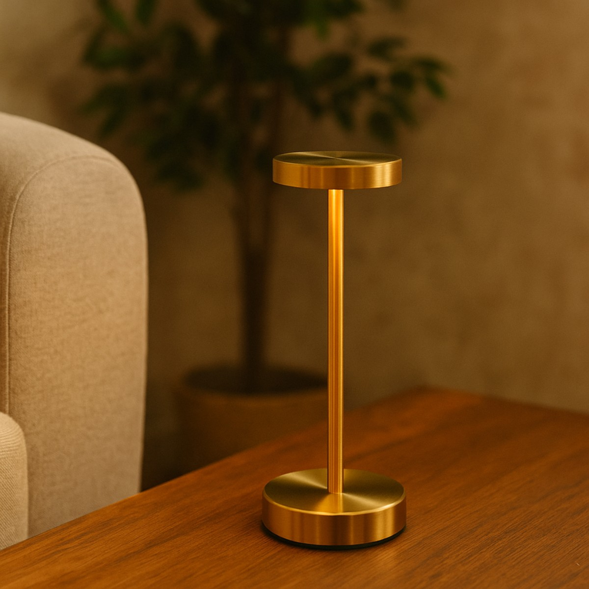 Eine goldene Tischlampe mit rundem Sockel und Lampenschirm auf einem Holztisch.