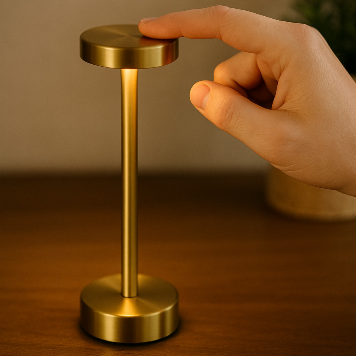 Eine Hand ber ührt eine schlanke, goldene Tischlampe auf einem Holztisch.