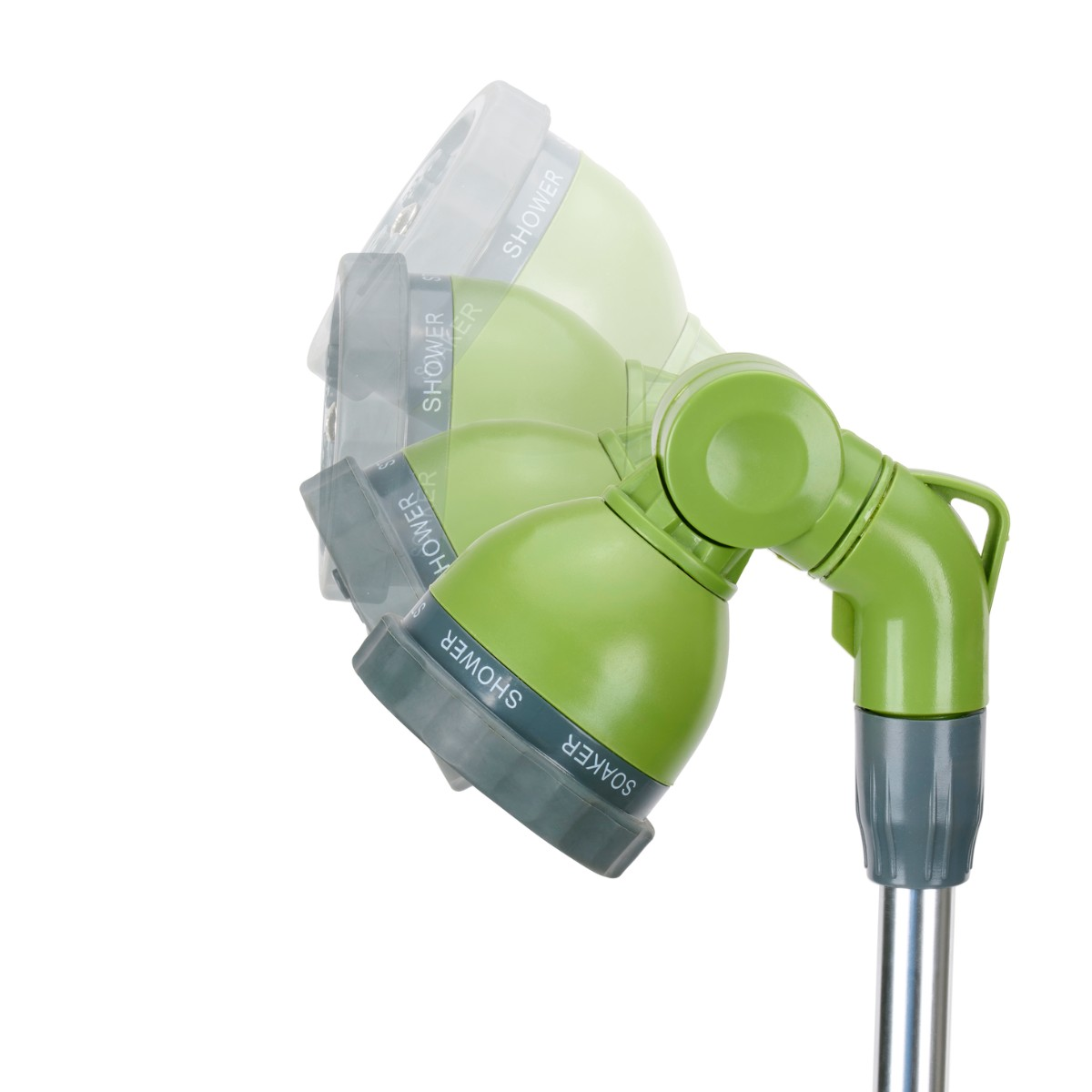 Groene douchekopbevestiging met meerdere standen, op witte achtergrond.