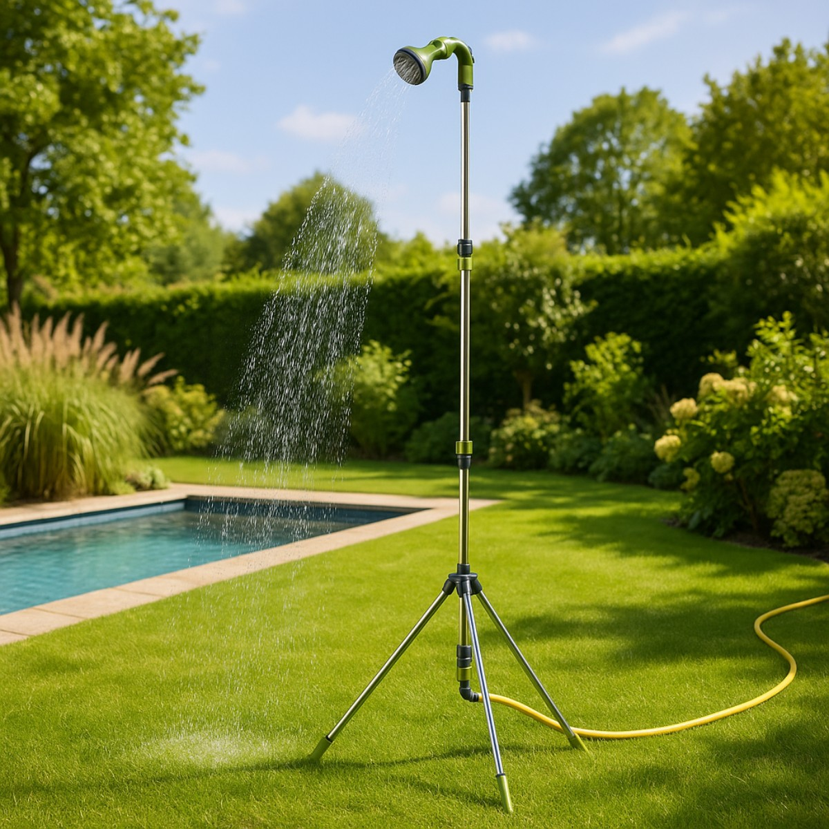 Een groene douche op een statief sproeit water in een groene tuin met zwembad.
