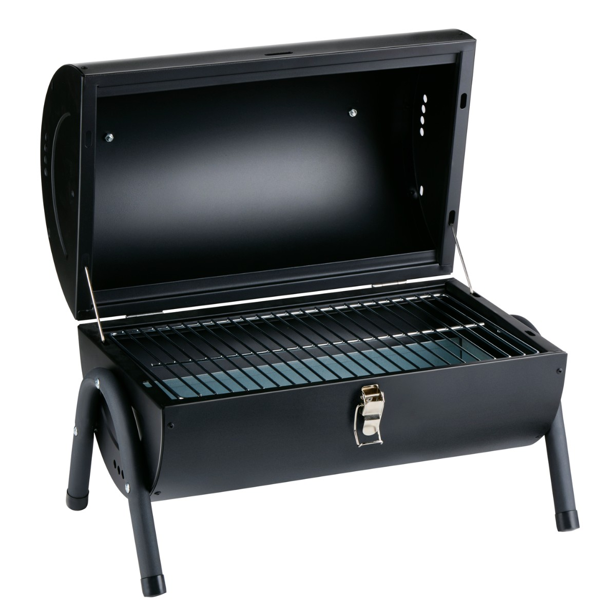 Een zwarte, open barbecue met een metalen rooster en ventilatiegaten.