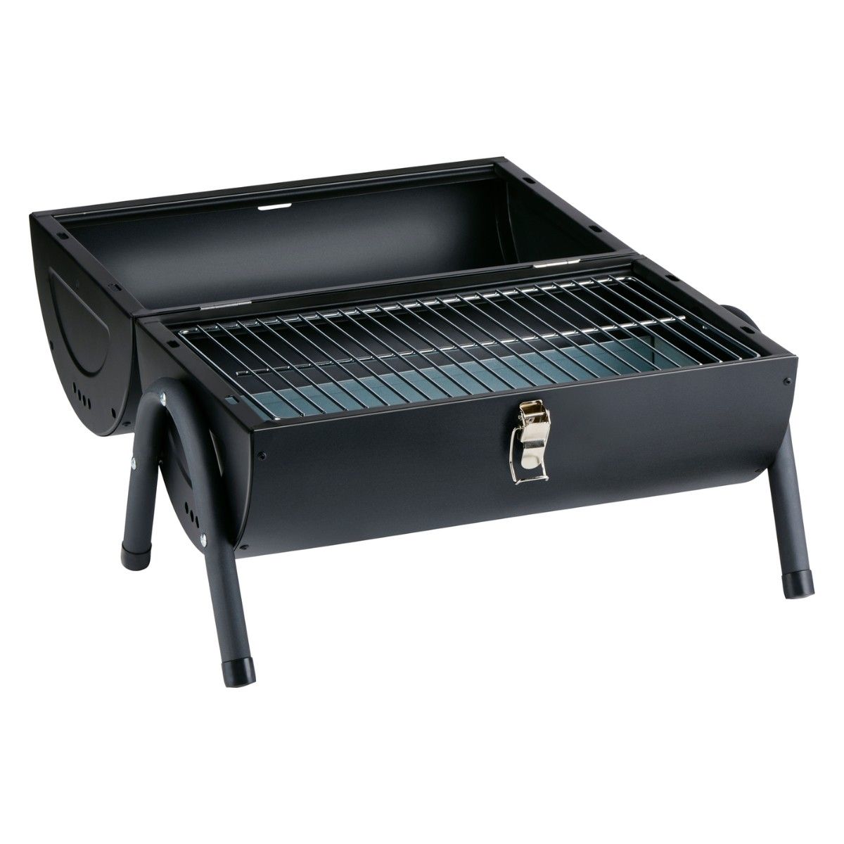 Een zwarte draagbare barbecue met scharnierend deksel en vier poten, open getoond.