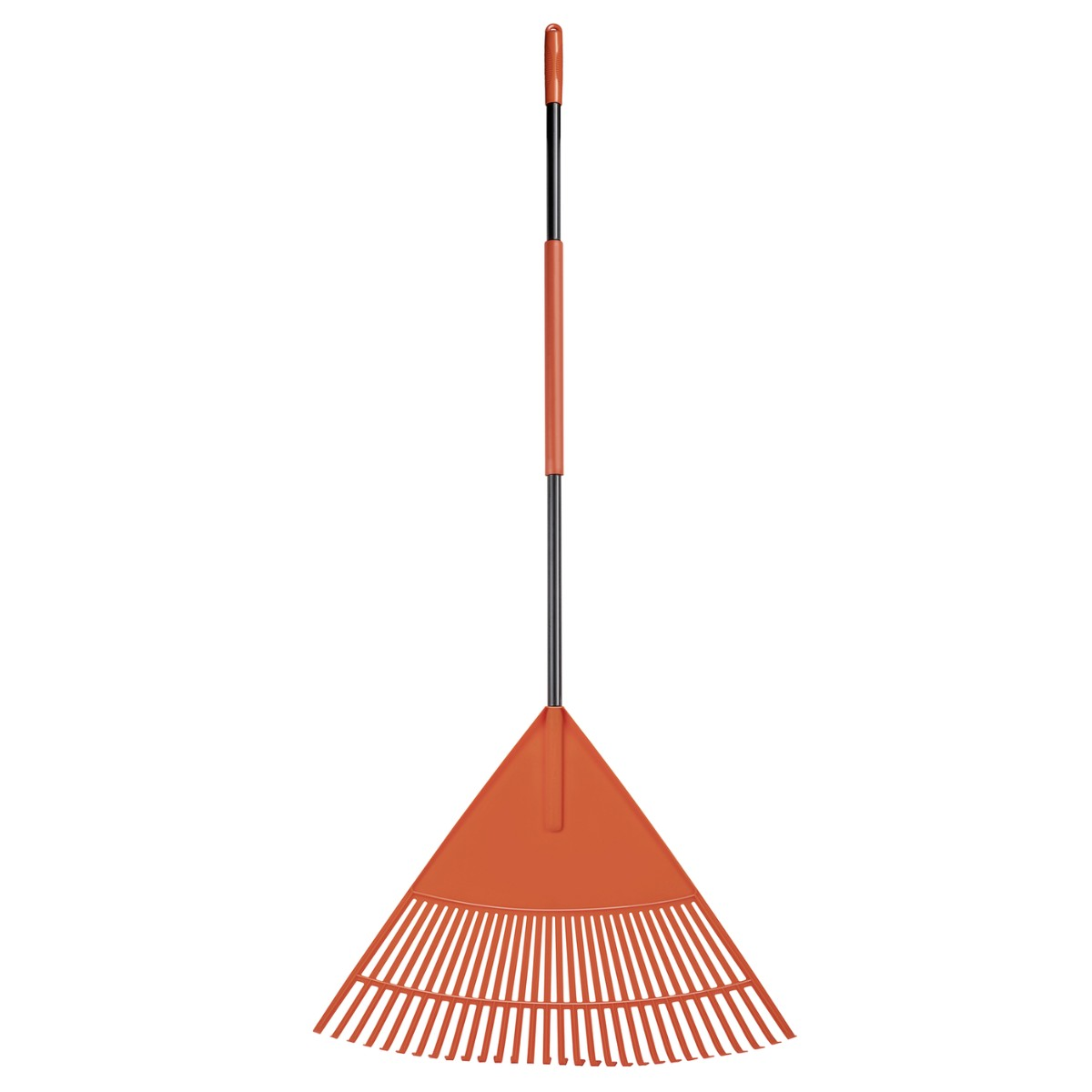 Een oranje bladhark met een zwarte steel en een oranje handvat.