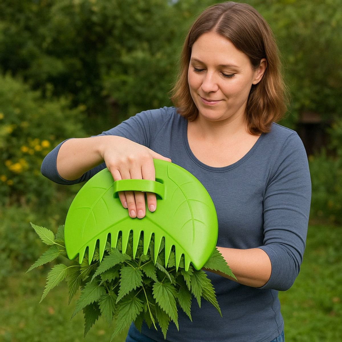 Femme tenant un râteau de jardin vert en forme de feuille avec des feuilles vertes.