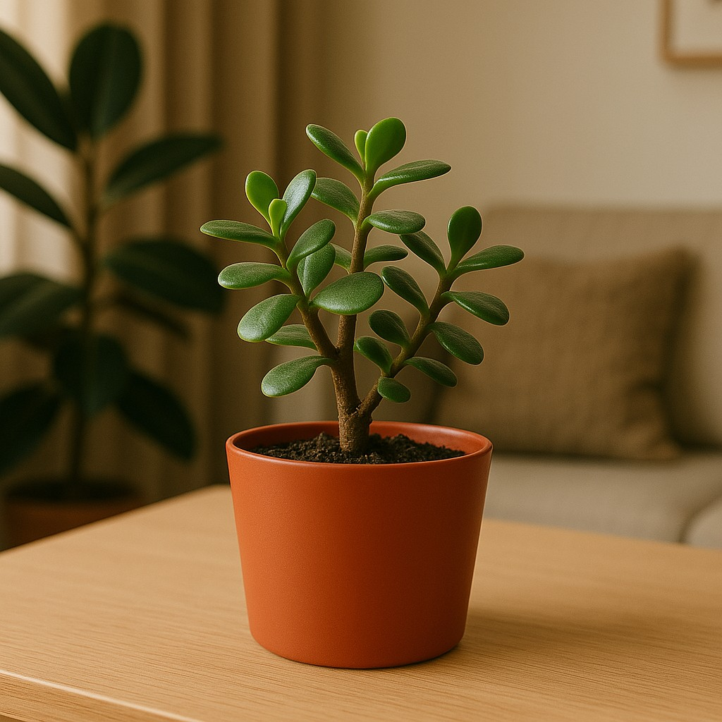 A small green succulent plant in a terracotta pot on a wooden table.
