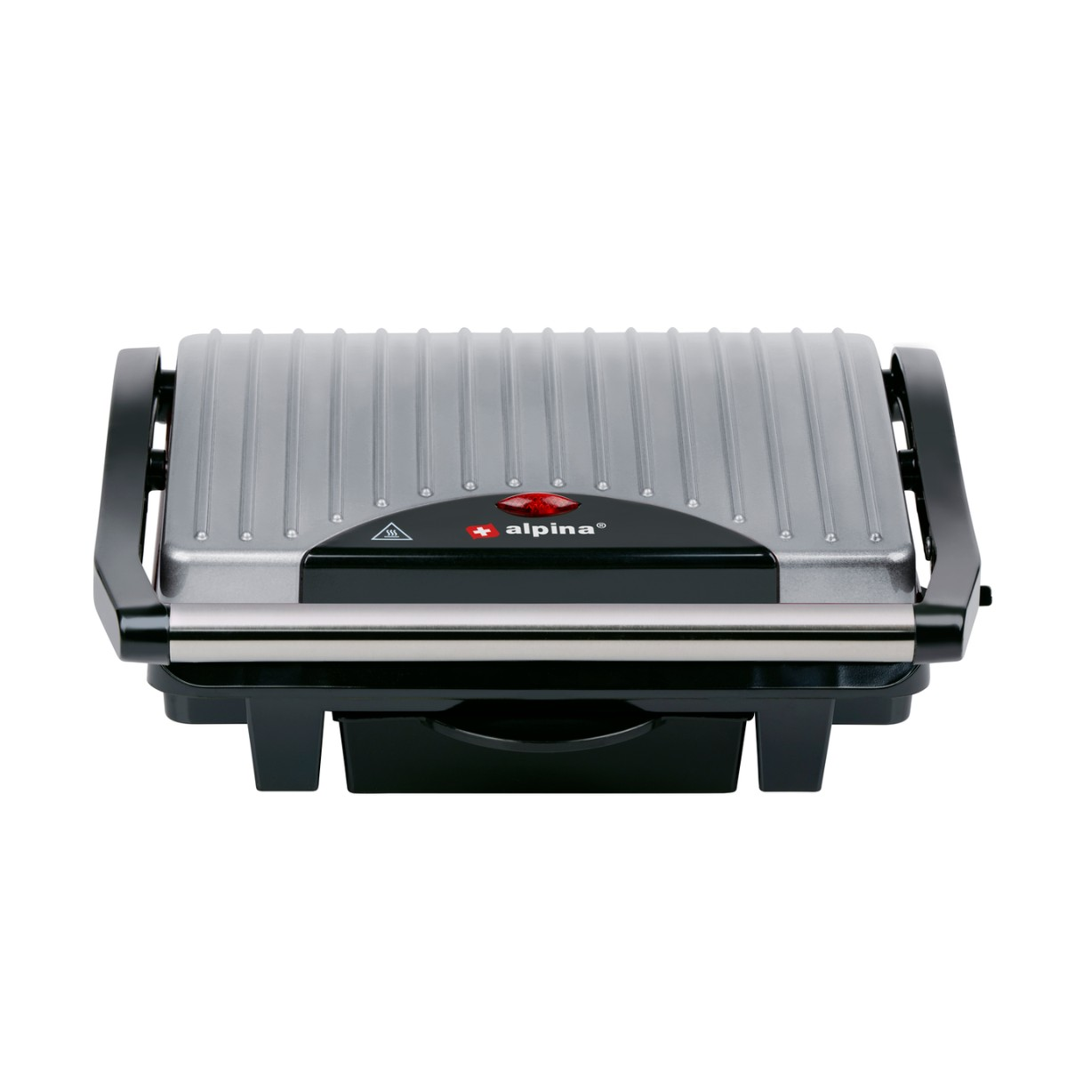 Ein geschlossener silberner Kontaktgrill mit geriffelter Oberfläche und rotem Licht.