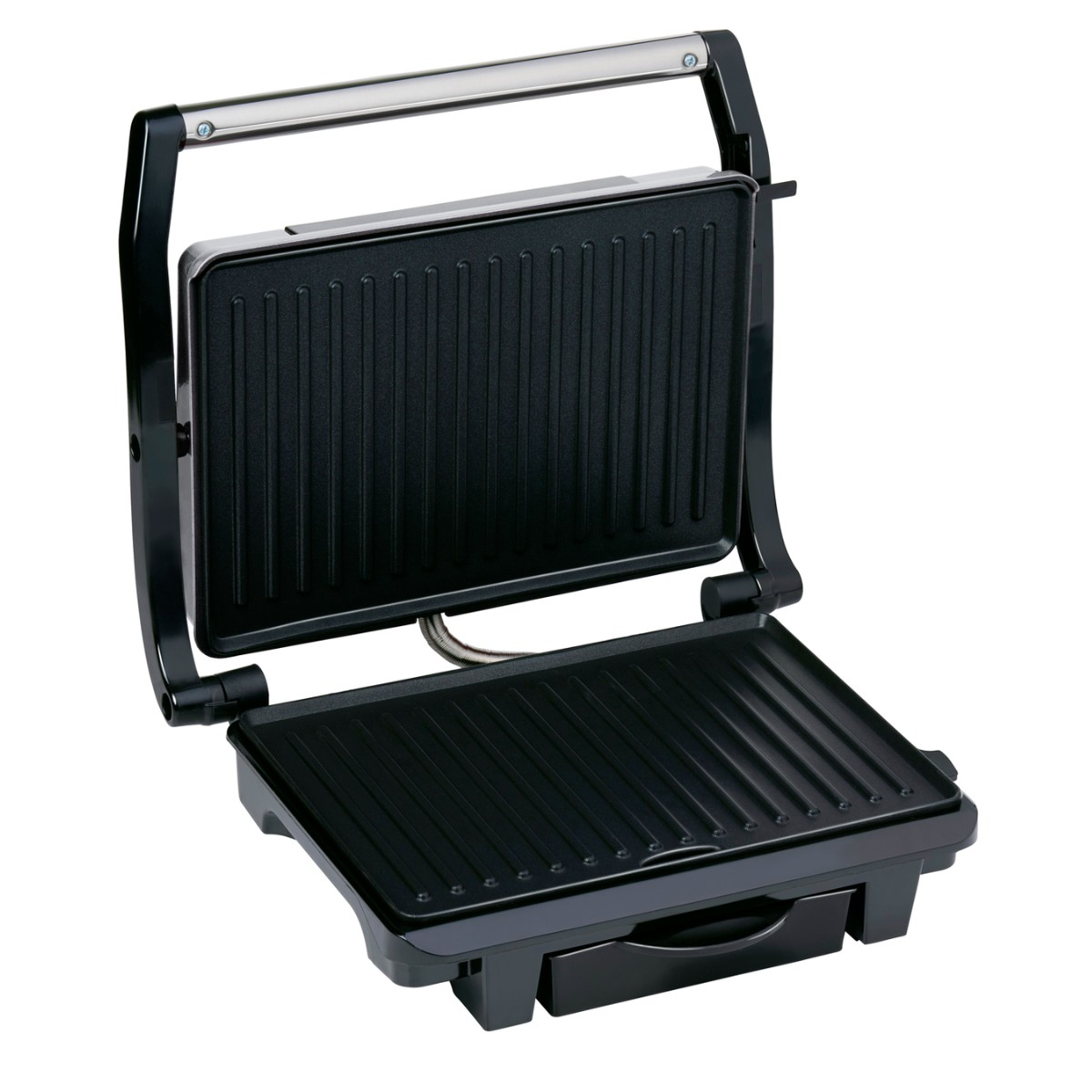 Ein offener schwarzer Kontaktgrill mit gerillten Heizplatten auf weißem Hintergrund.