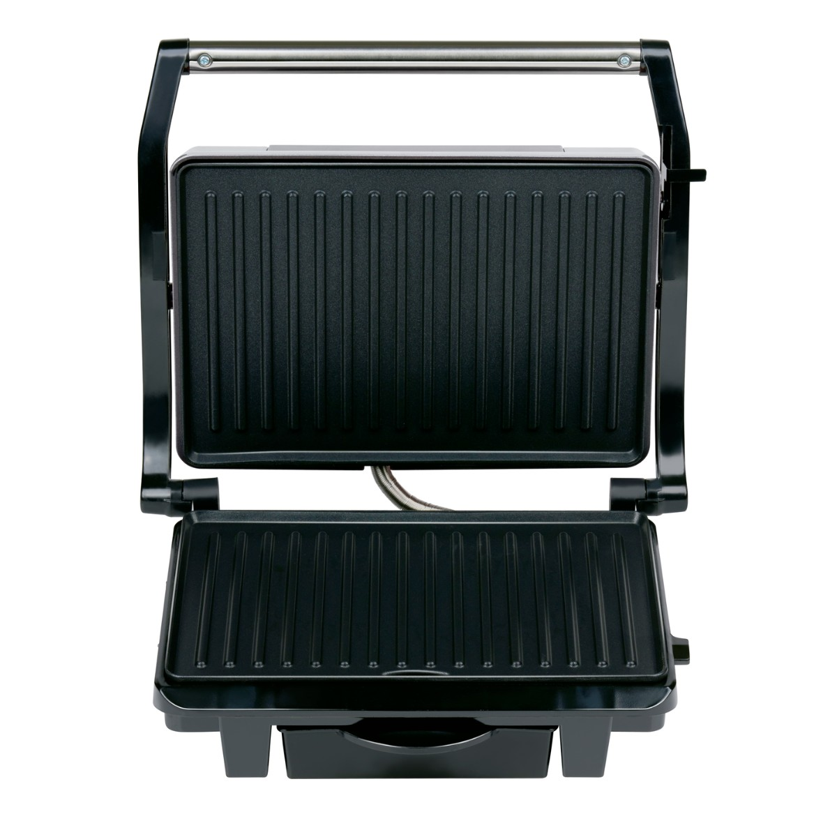 Ein offener schwarzer Kontaktgrill mit gerippten Platten und einem Metallgriff.