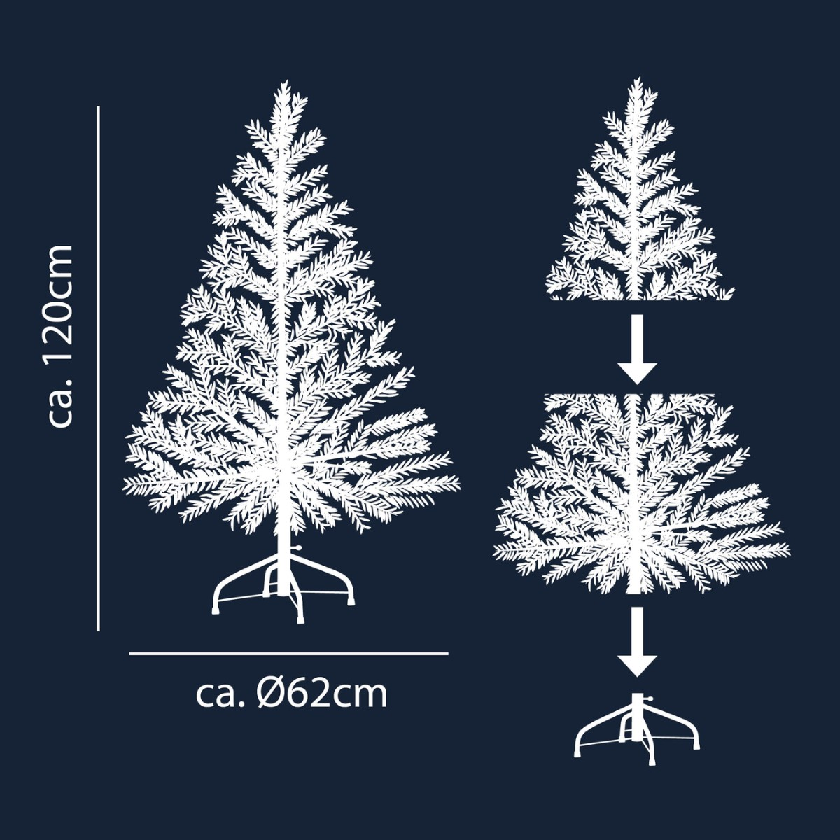 Diagram of a 120cm tall Christmas tree, 62cm diameter.