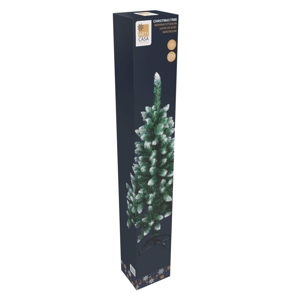 A tall, dark blue box displays a green Christmas tree with white tips.