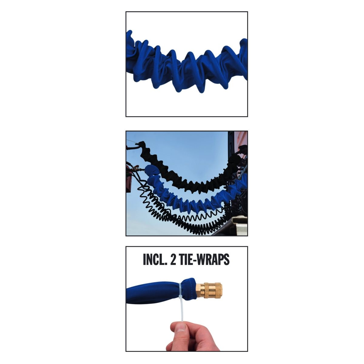 Tuyaux bleus et noirs enroulés. Une main tient un tuyau sécurisé par des attaches.