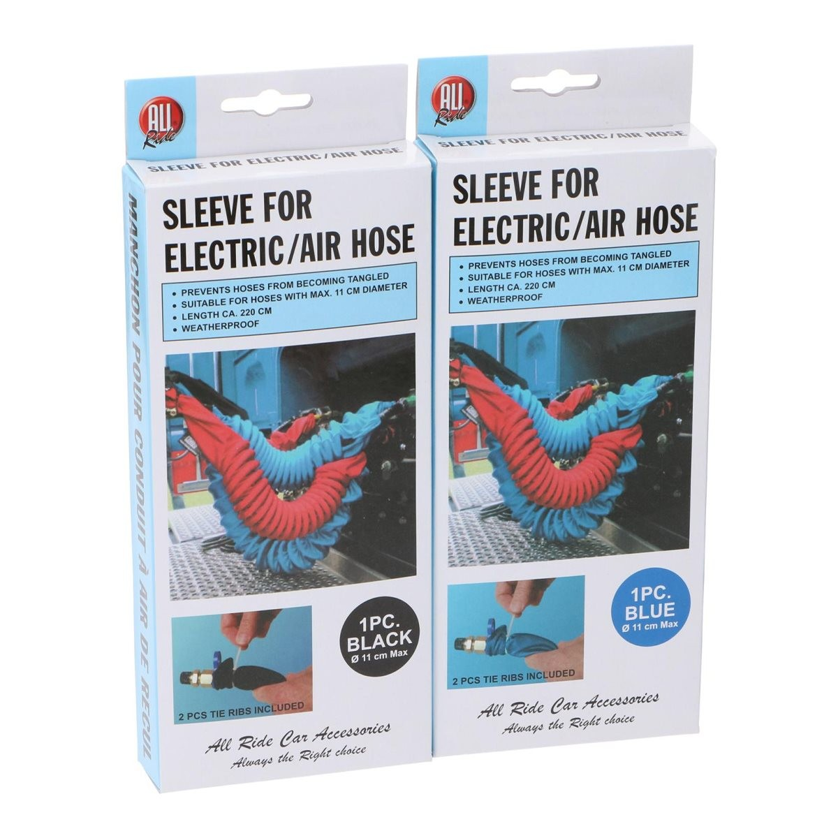 Deux emballages de manchons pour tuyaux électriques/air, rouge et bleu.