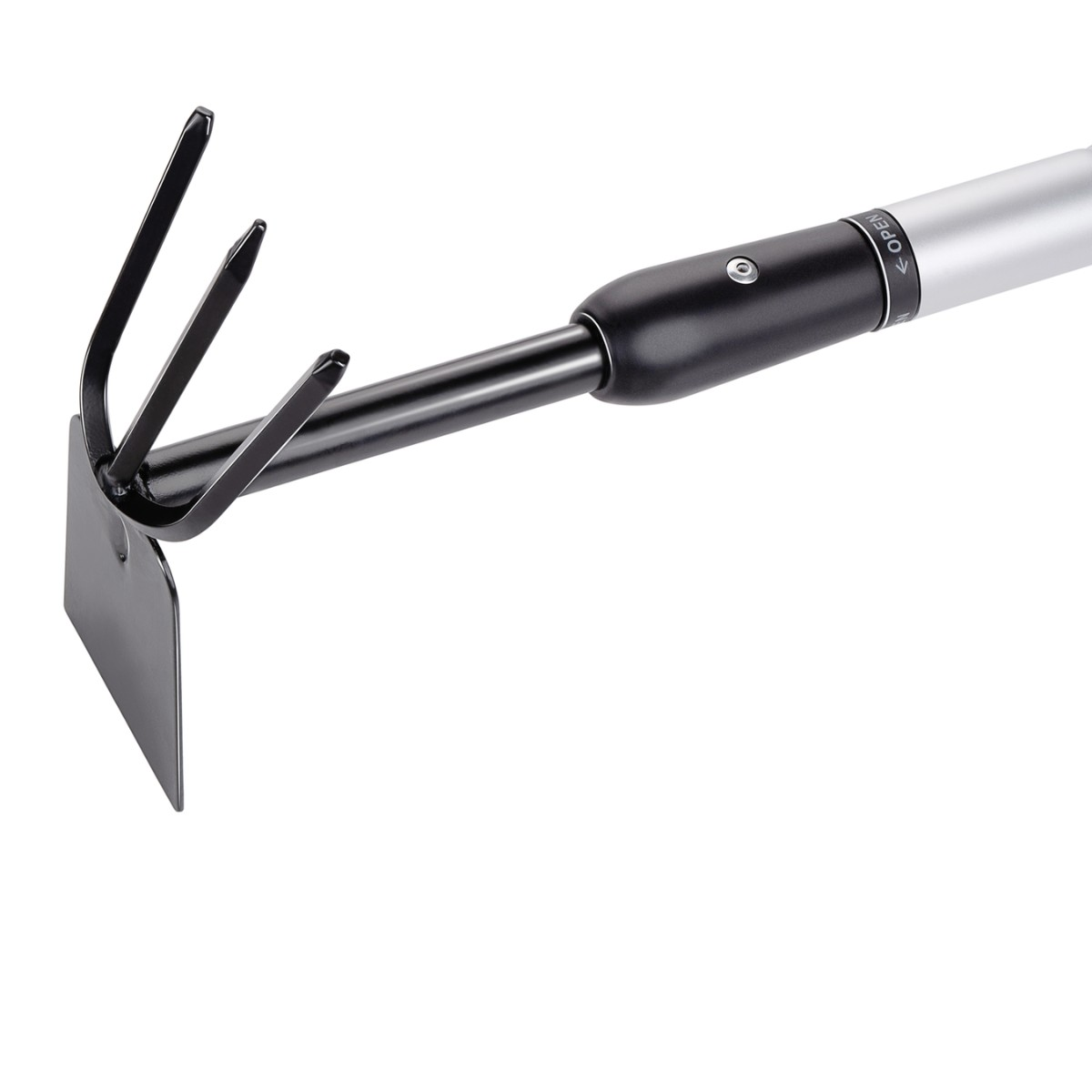 Black garden hoe with three tines and a flat blade, on a white background.