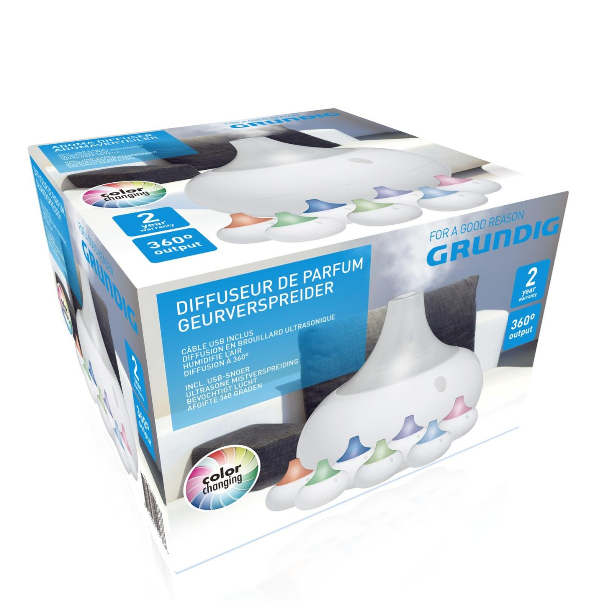Verpackung eines weißen Aroma-Diffusors mit farbigen Lichtern und Nebel.