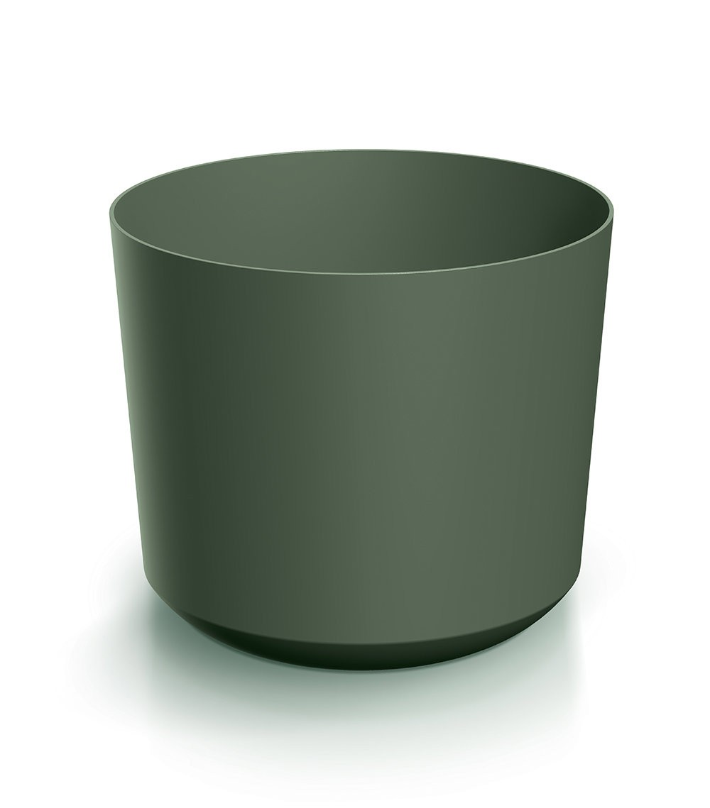 A dark, cylindrical pot with slightly outward-curving walls.