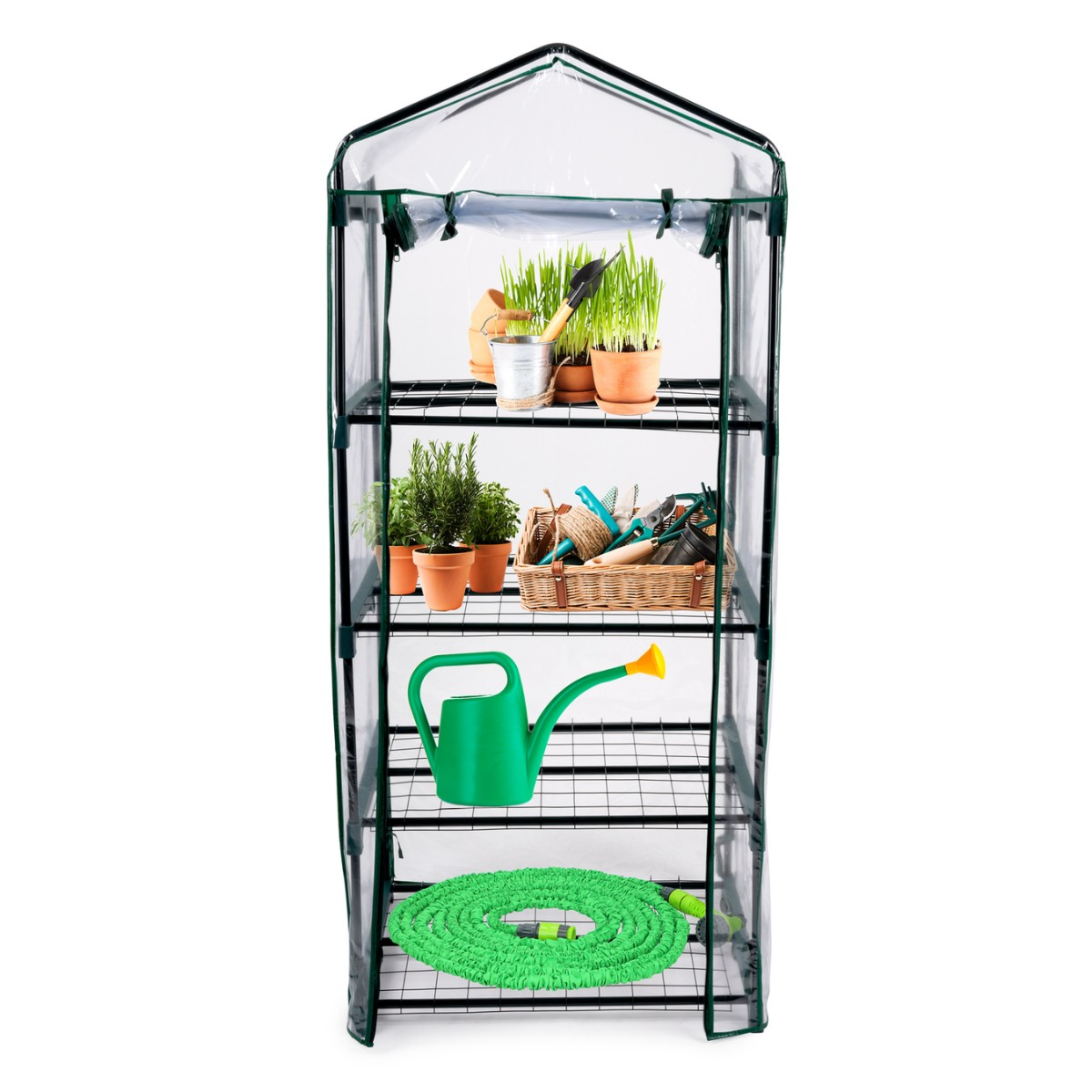 A walk-in greenhouse shelf unit with four tiers, holding gardening tools and plants.