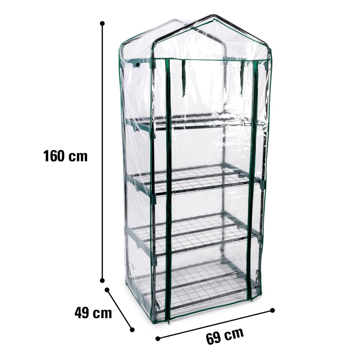 A clear greenhouse stand with four shelves and green trim. Dimensions shown.