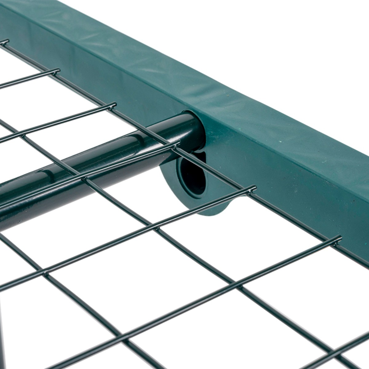 A green metal frame with a wire grid. Close-up view.