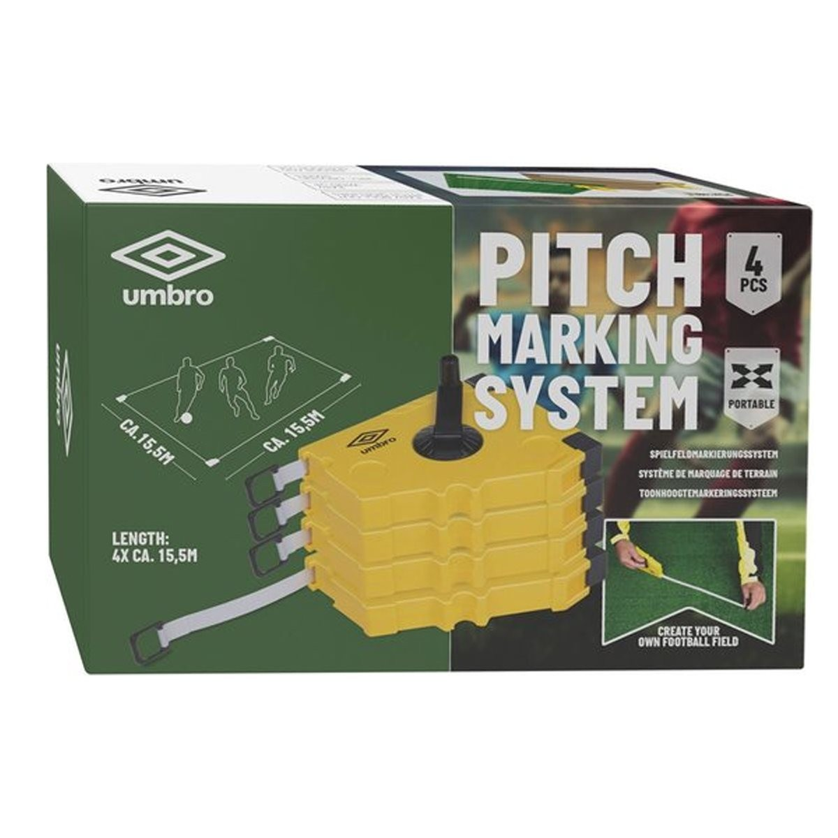 Umbro Pitch Marking System box with yellow markers and soccer players graphic.