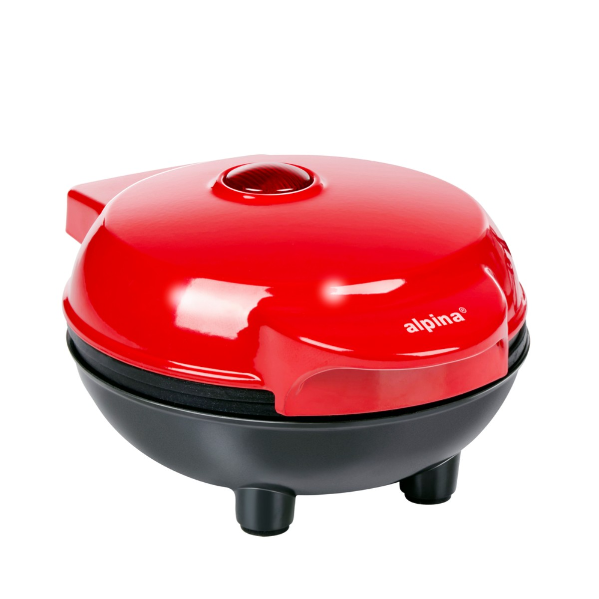 Een rode wafelmaker met een zwarte basis en drie voetjes.