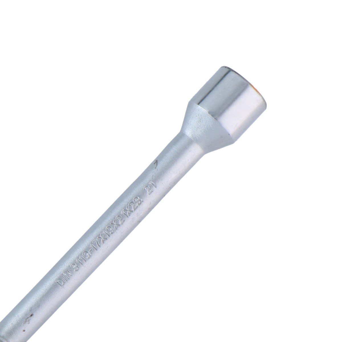 A silver socket wrench with markings on a white background.