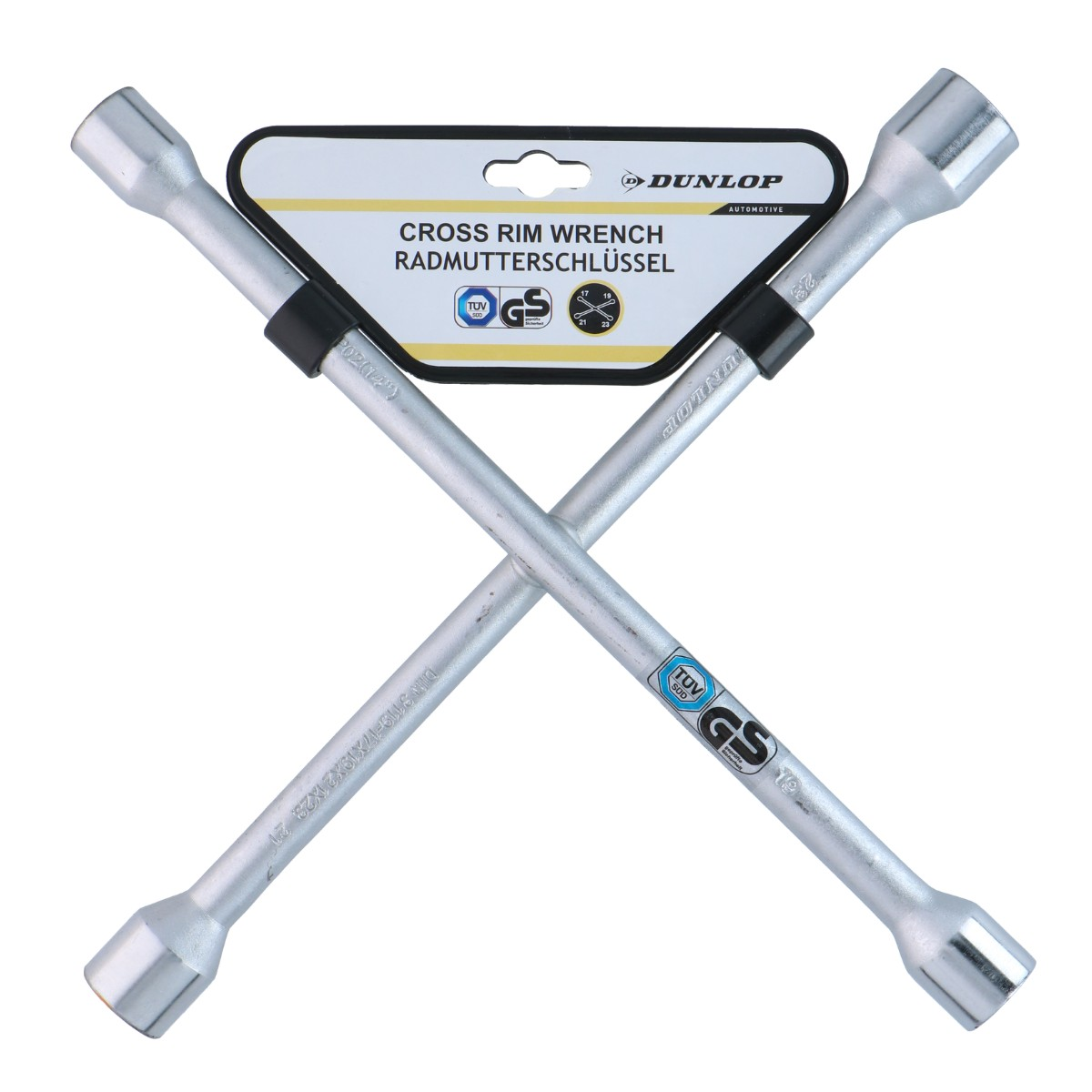A silver Dunlop cross rim wrench with multiple socket sizes.