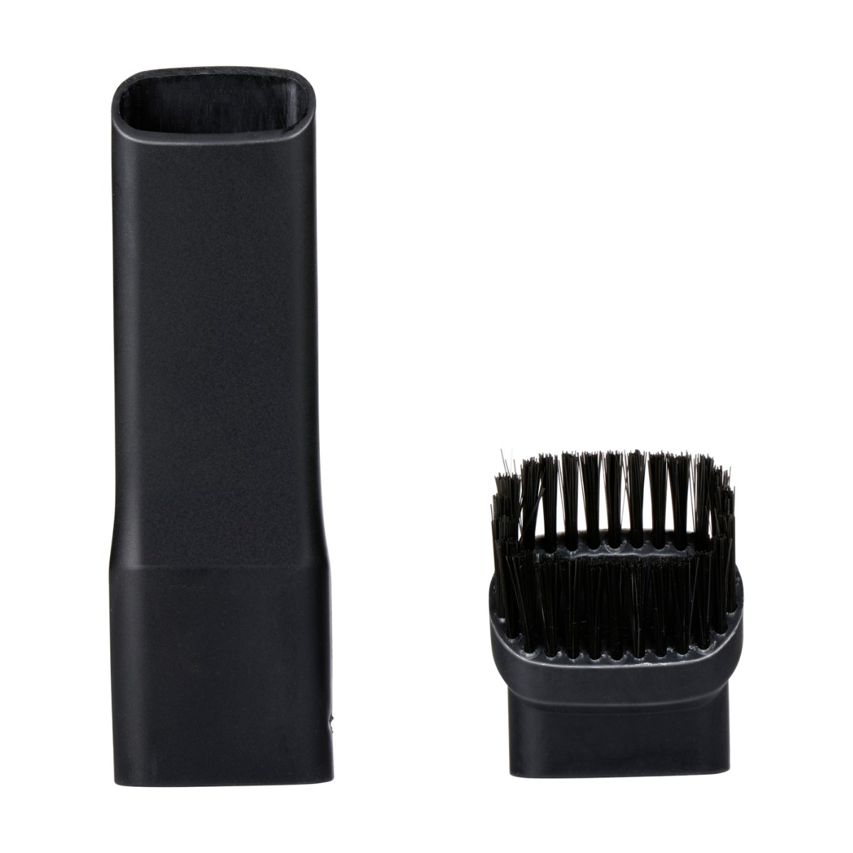 Twee zwarte stofzuigeraccessoires: een mondstuk en een borstel.