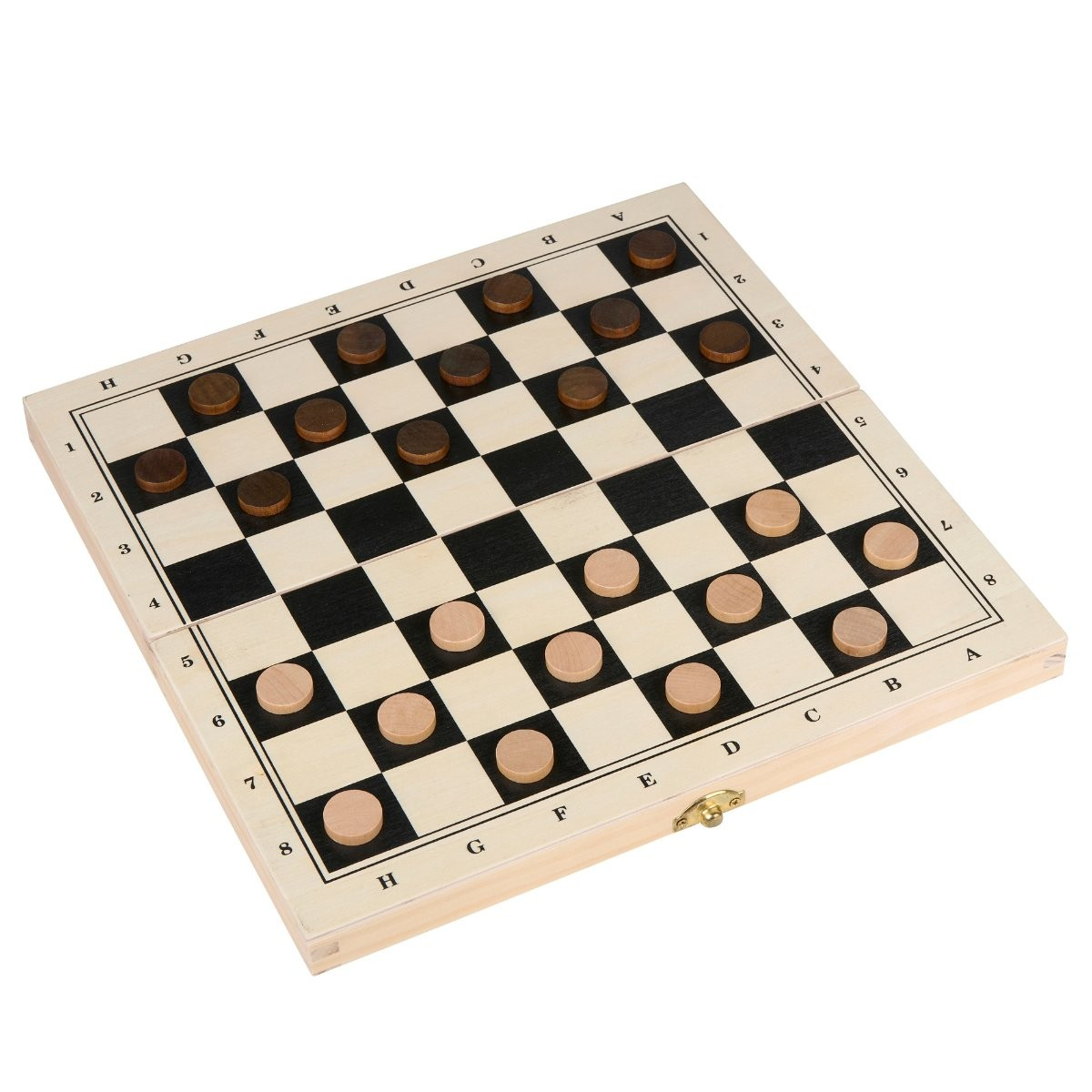 Bordspel met houten schijven in bruin en beige op een dambordpatroon.