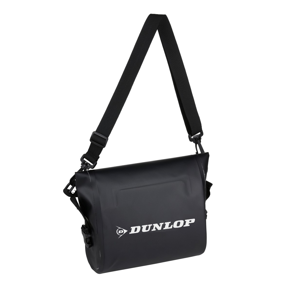 Sacoche noire Dunlop avec sangle, isolée sur fond blanc.