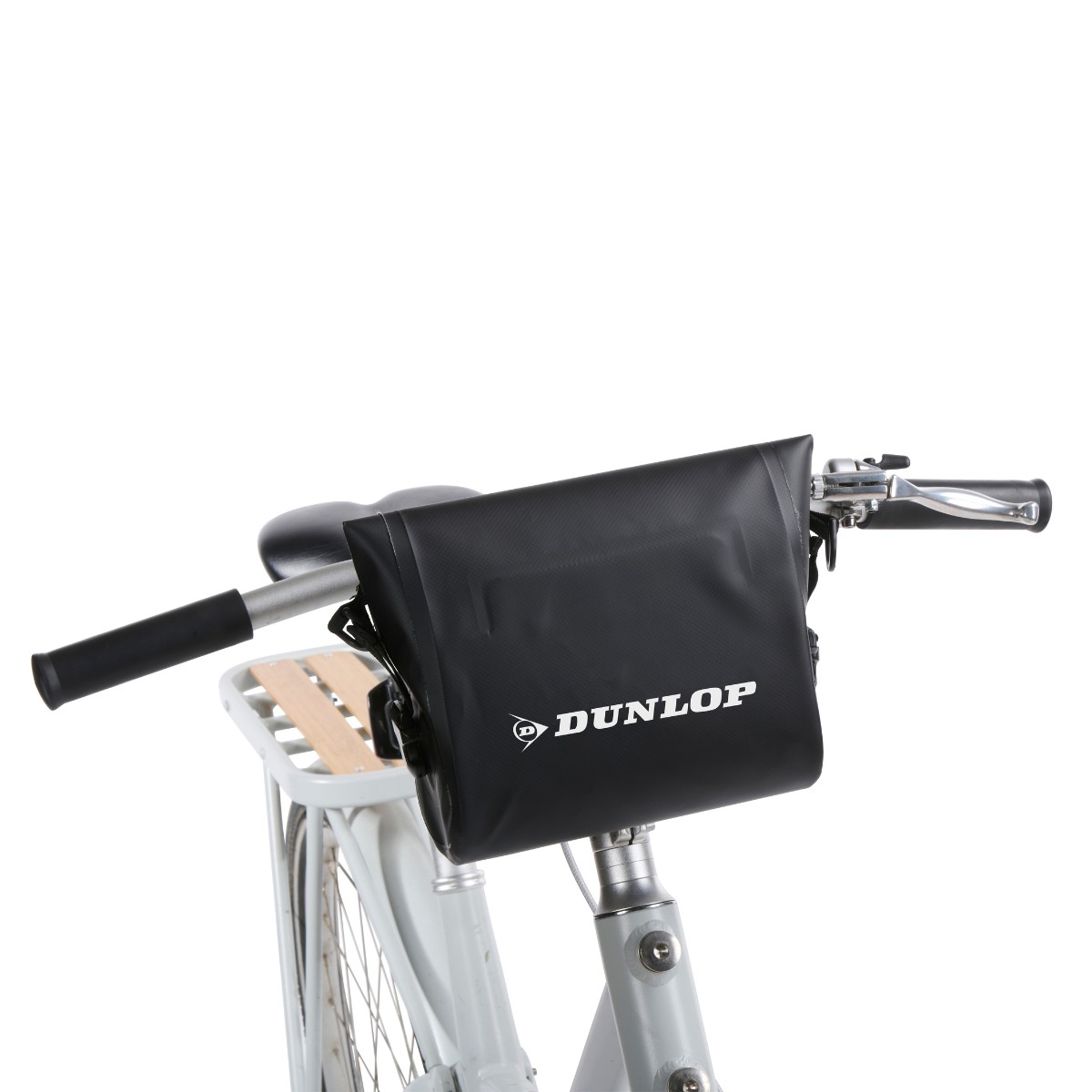 Sacoche noire pour guidon de vélo avec logo Dunlop sur un vélo blanc.