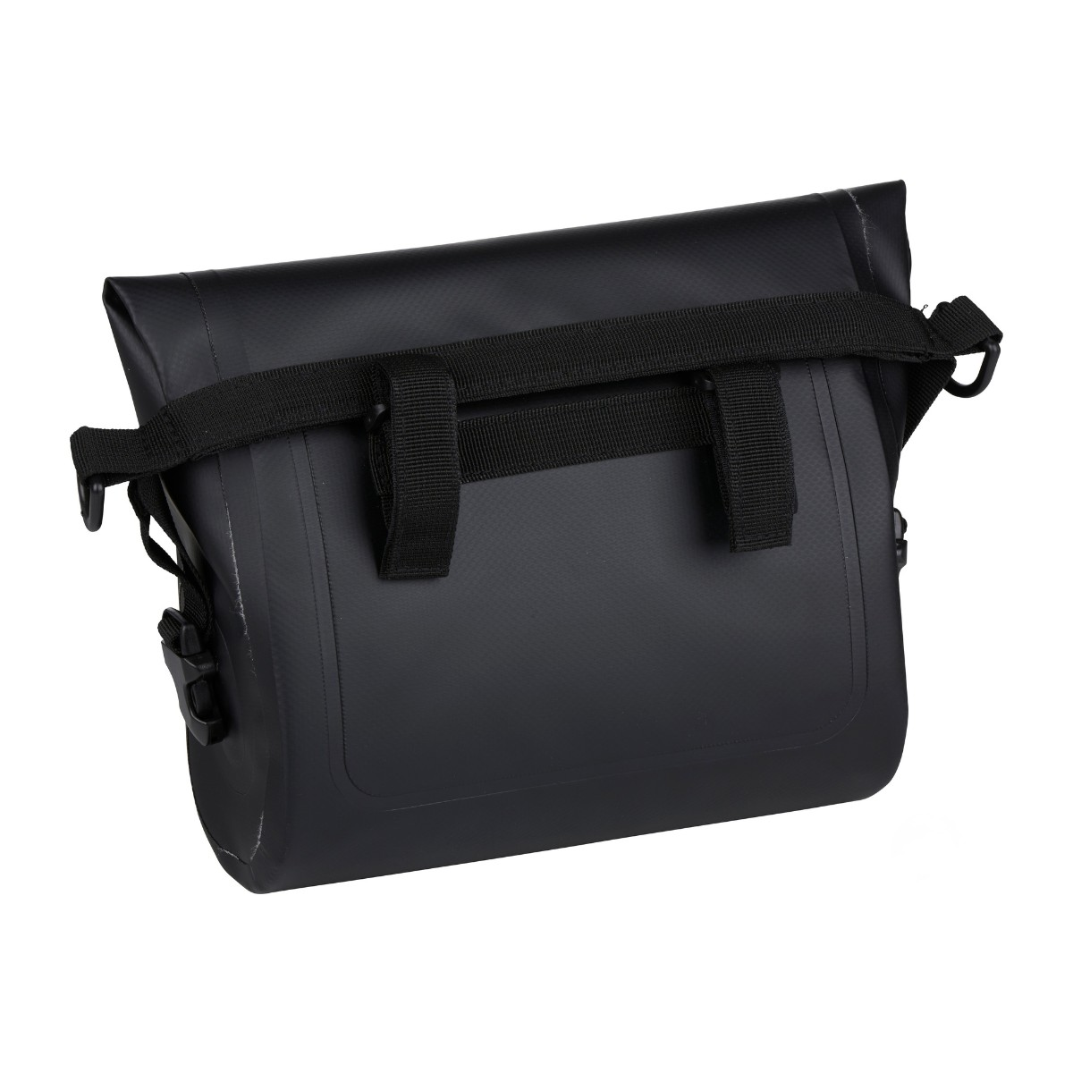Sac noir imperméable avec sangles et boucles, sur fond blanc.