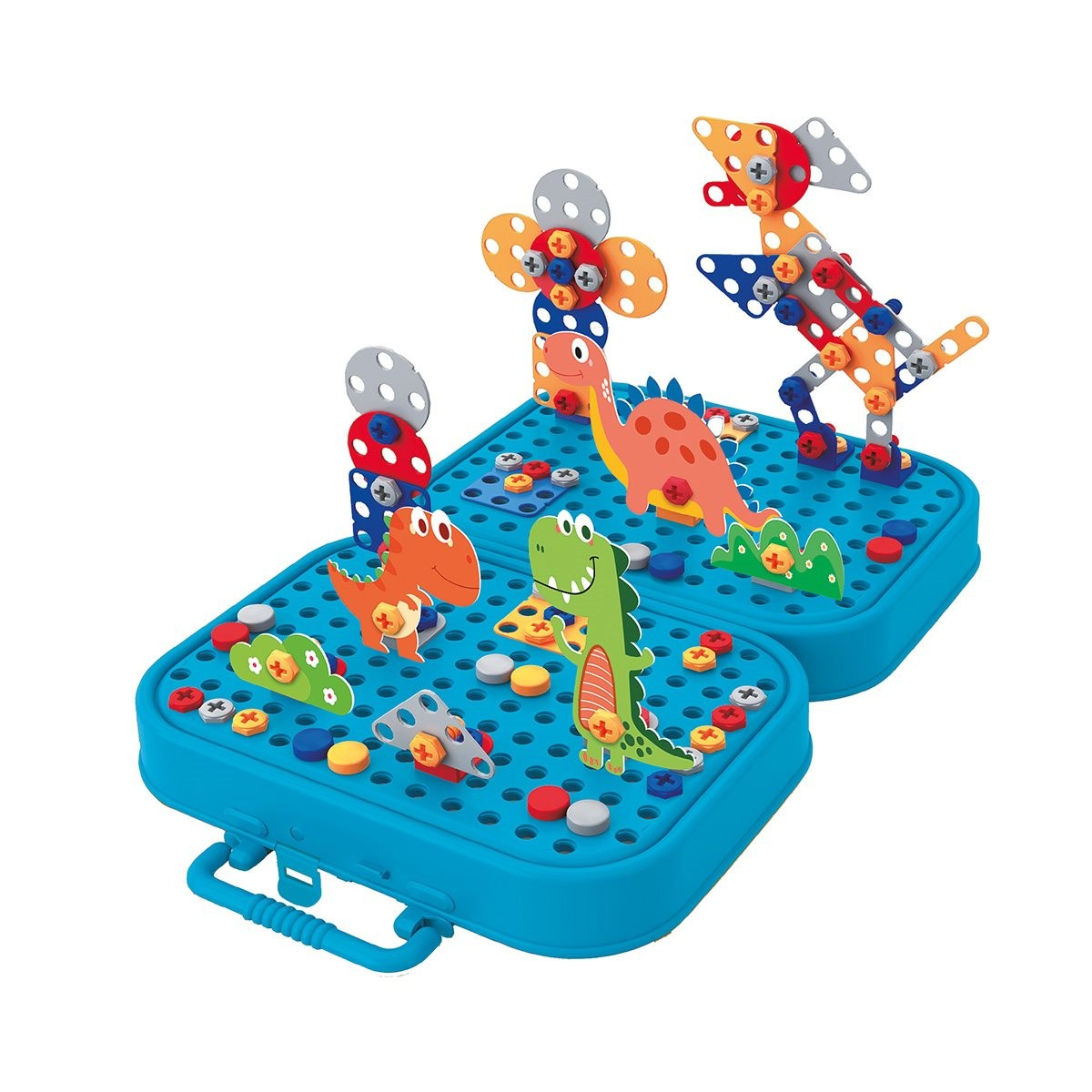 Juguetes de construcción de dinosaurios coloridos en placas azules con asas.