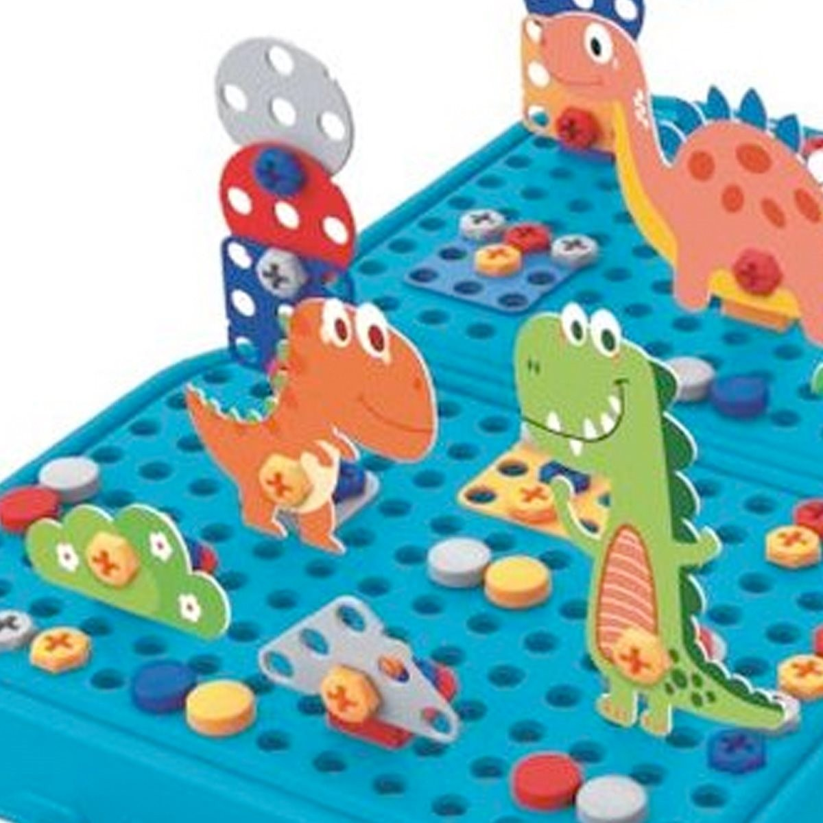 Blocs de construction de dinosaures jouets colorés sur une base bleue.