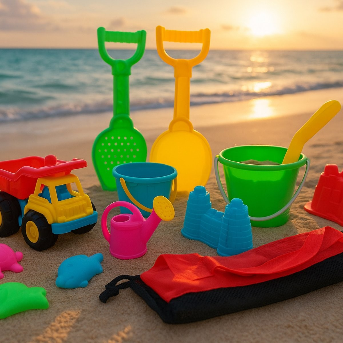 Jouets de plage incluant seaux, pelles, arrosoir et camion sur le sable au coucher du soleil.