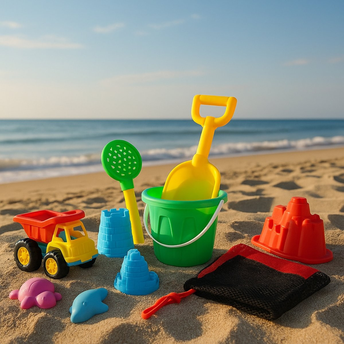 Jouets de plage : seau, pelle, moules, camion et plus sur le sable.