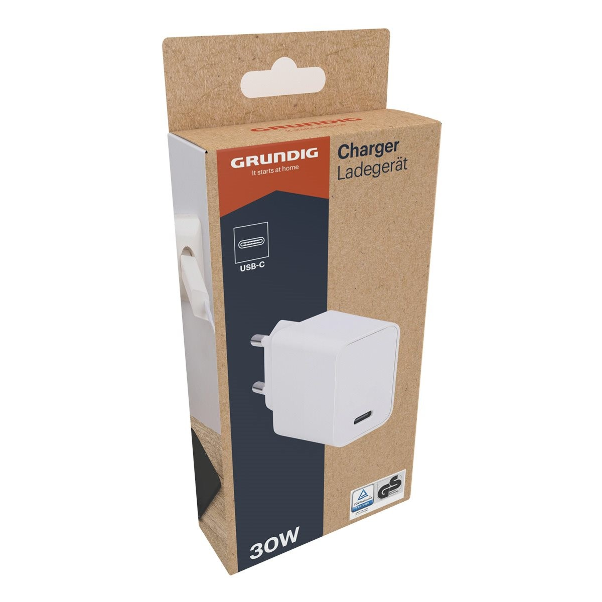 Adaptateur chargeur USB-C blanc 30W dans emballage Grundig