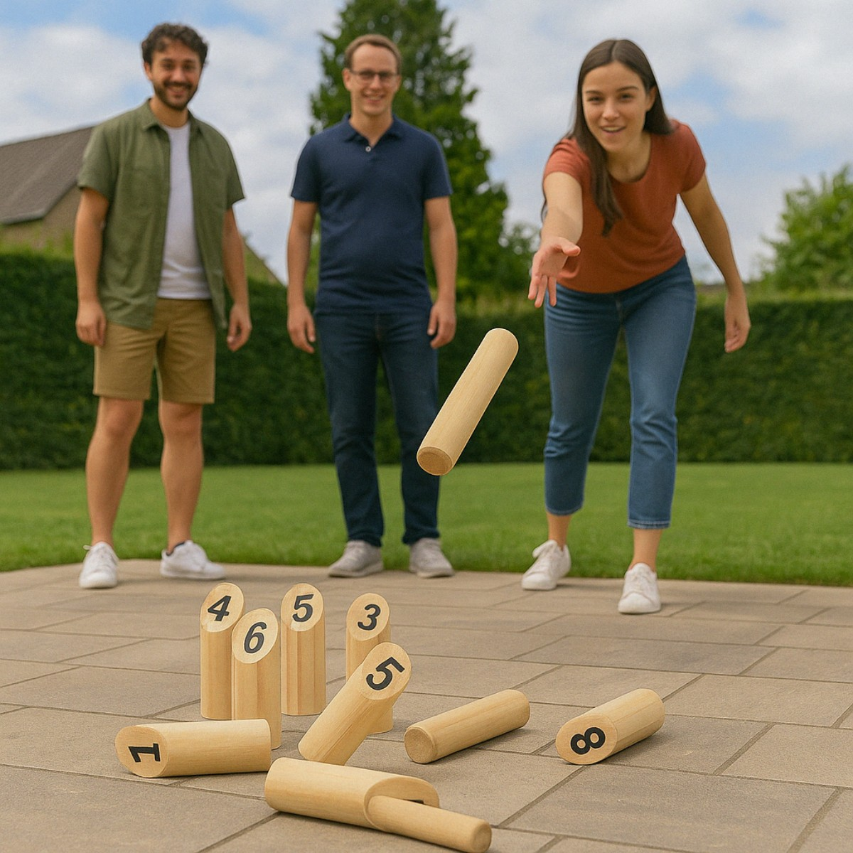 Trois personnes jouent à un jeu de quilles en bois en extérieur. Une femme lance une quille.