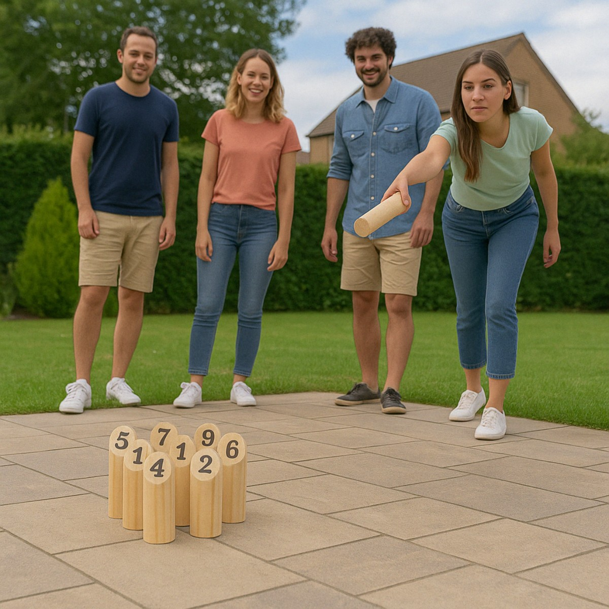 Quatre personnes jouent au Kubb en extérieur. Une femme lance un bloc en bois sur des quilles numérotées.