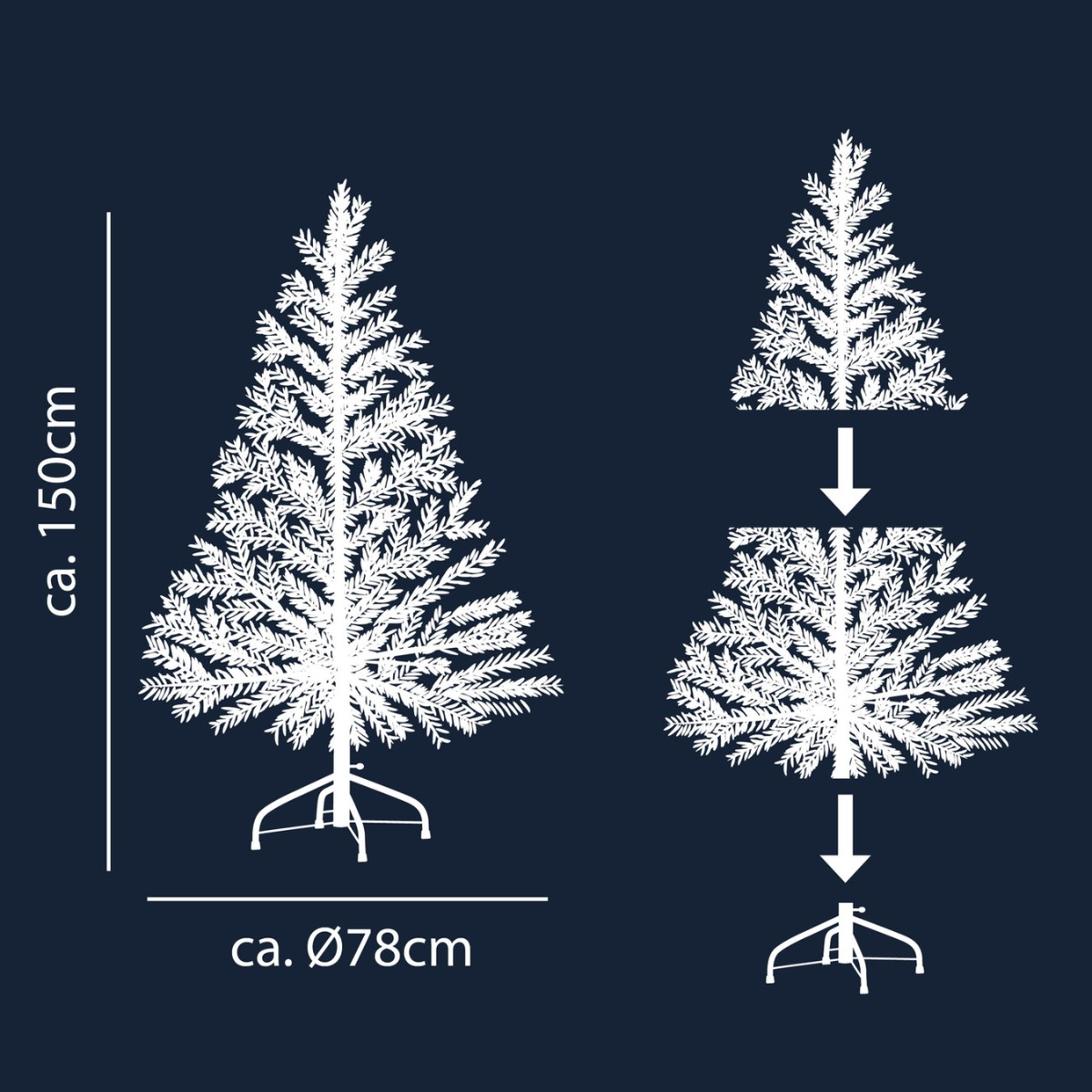 Illustration of a 150cm tall Christmas tree, 78cm diameter, and assembly instructions.