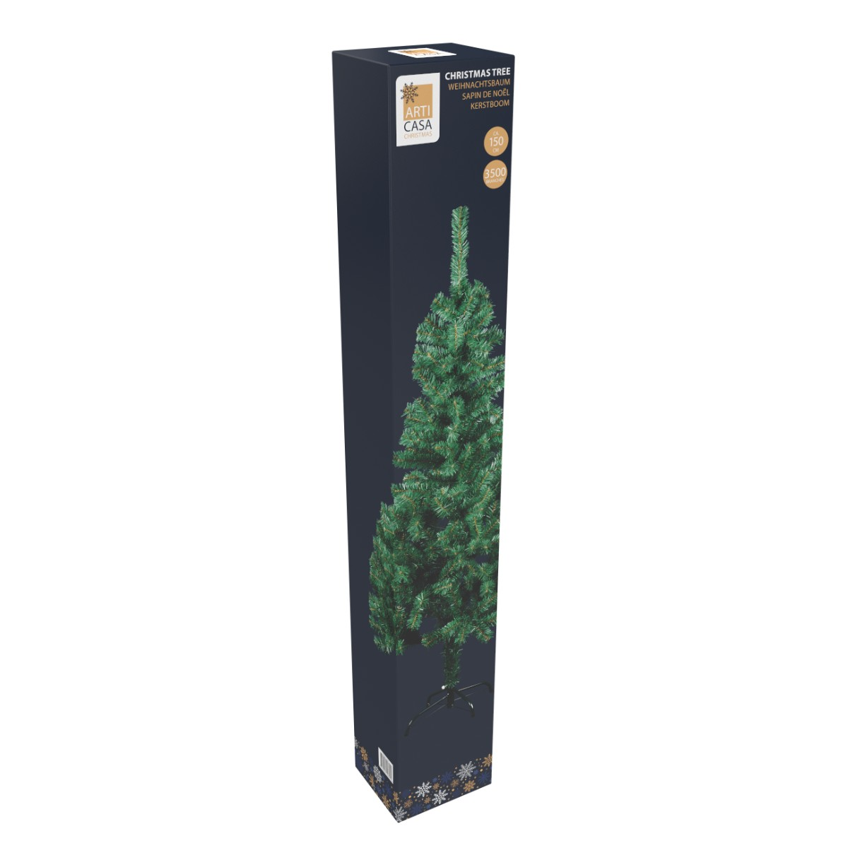 A boxed Christmas tree with a stand, 150 cm tall.