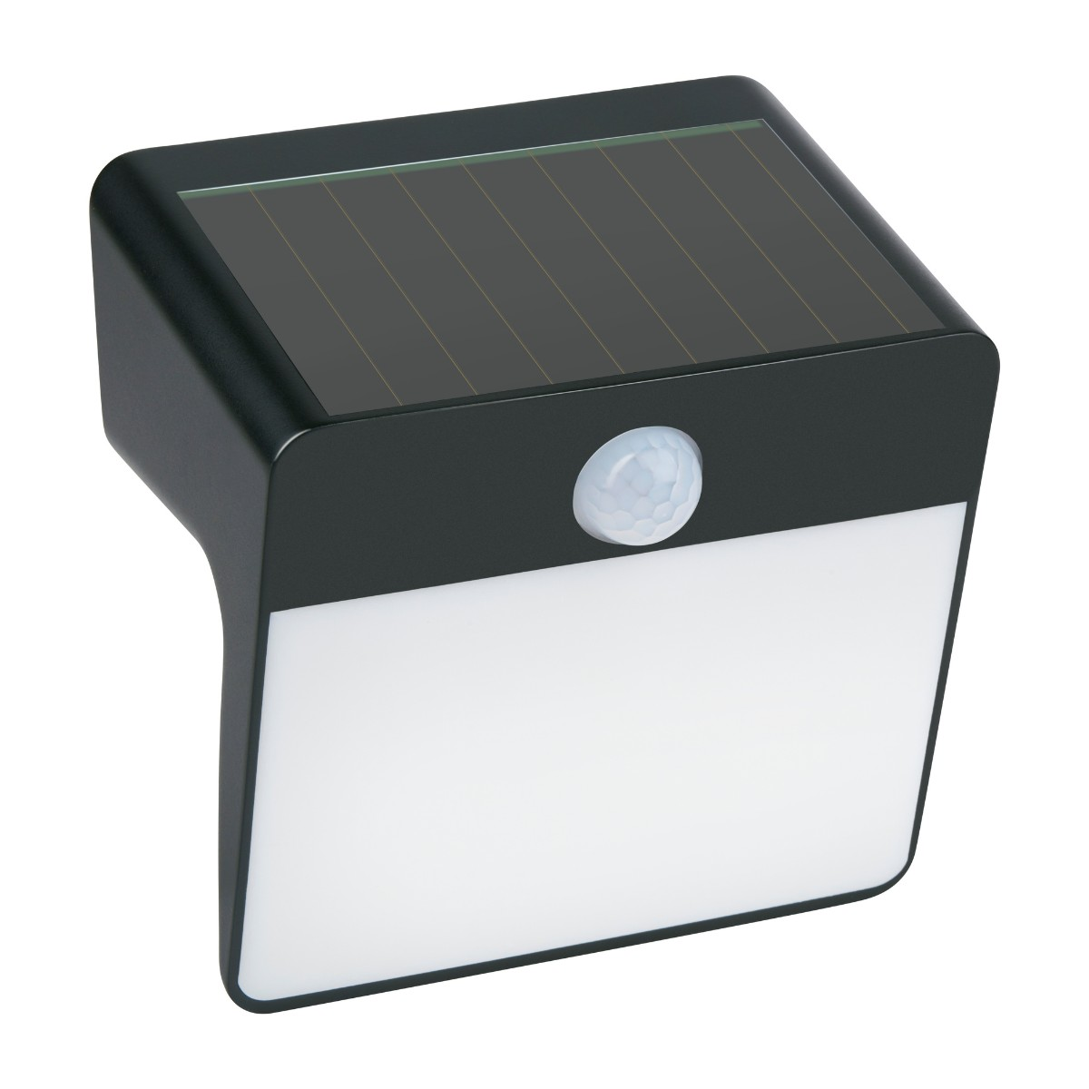 Zwarte solarlamp met bewegingssensor en witte lichtdiffusor.