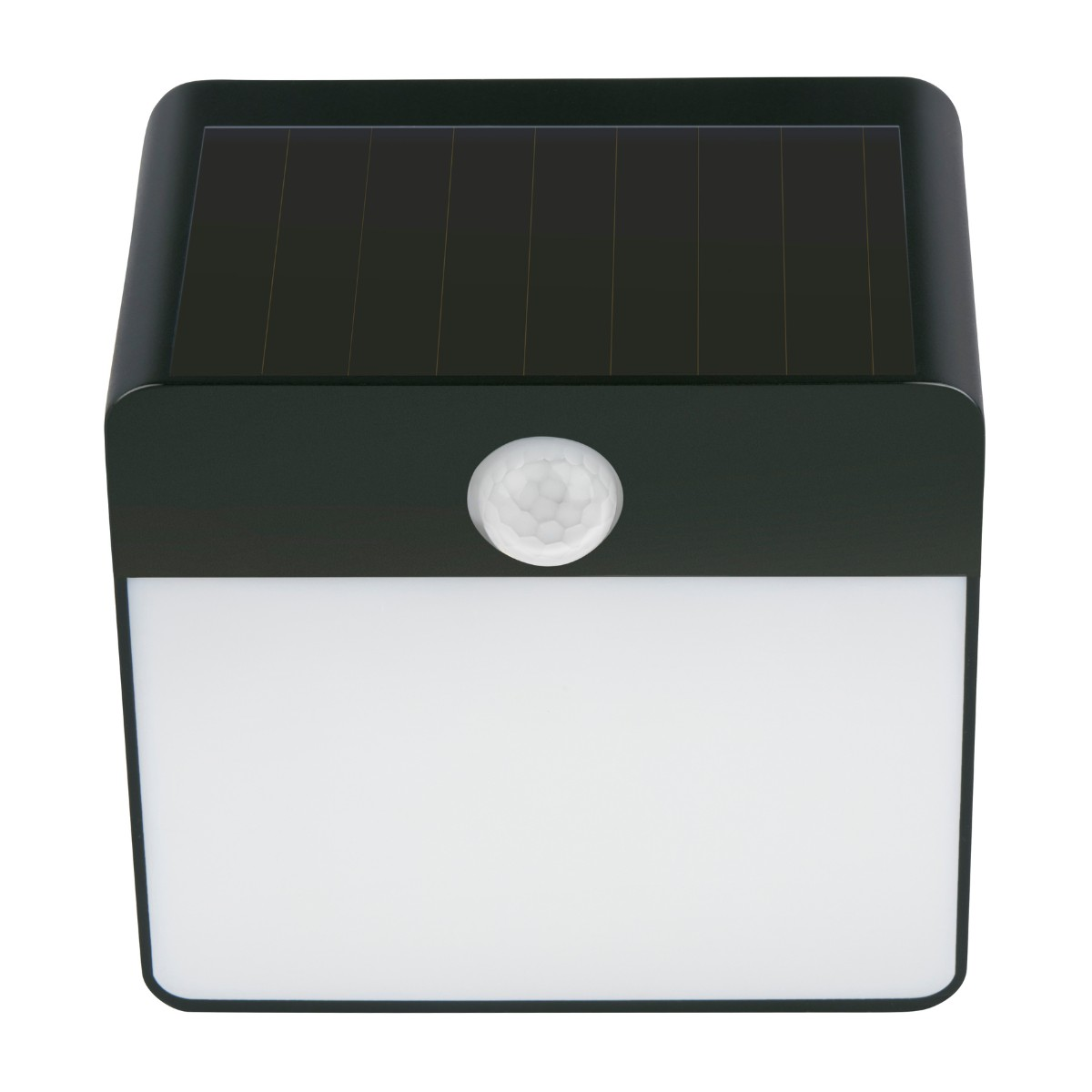 Een donkere zonne-sensorlamp met wit lichtpaneel.