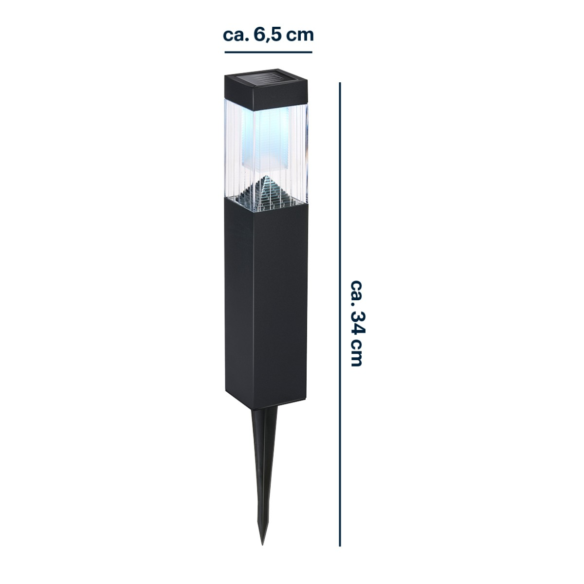 Lampe solaire noire de jardin, 6,5cm de large, 34cm de haut, avec un dessus clair.
