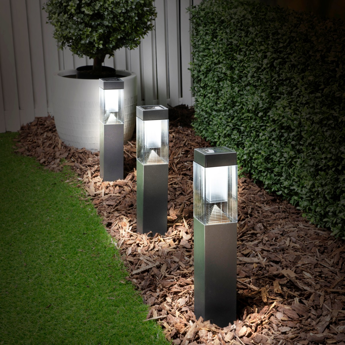 Trois lampadaires solaires modernes bordent un chemin de jardin paillé.
