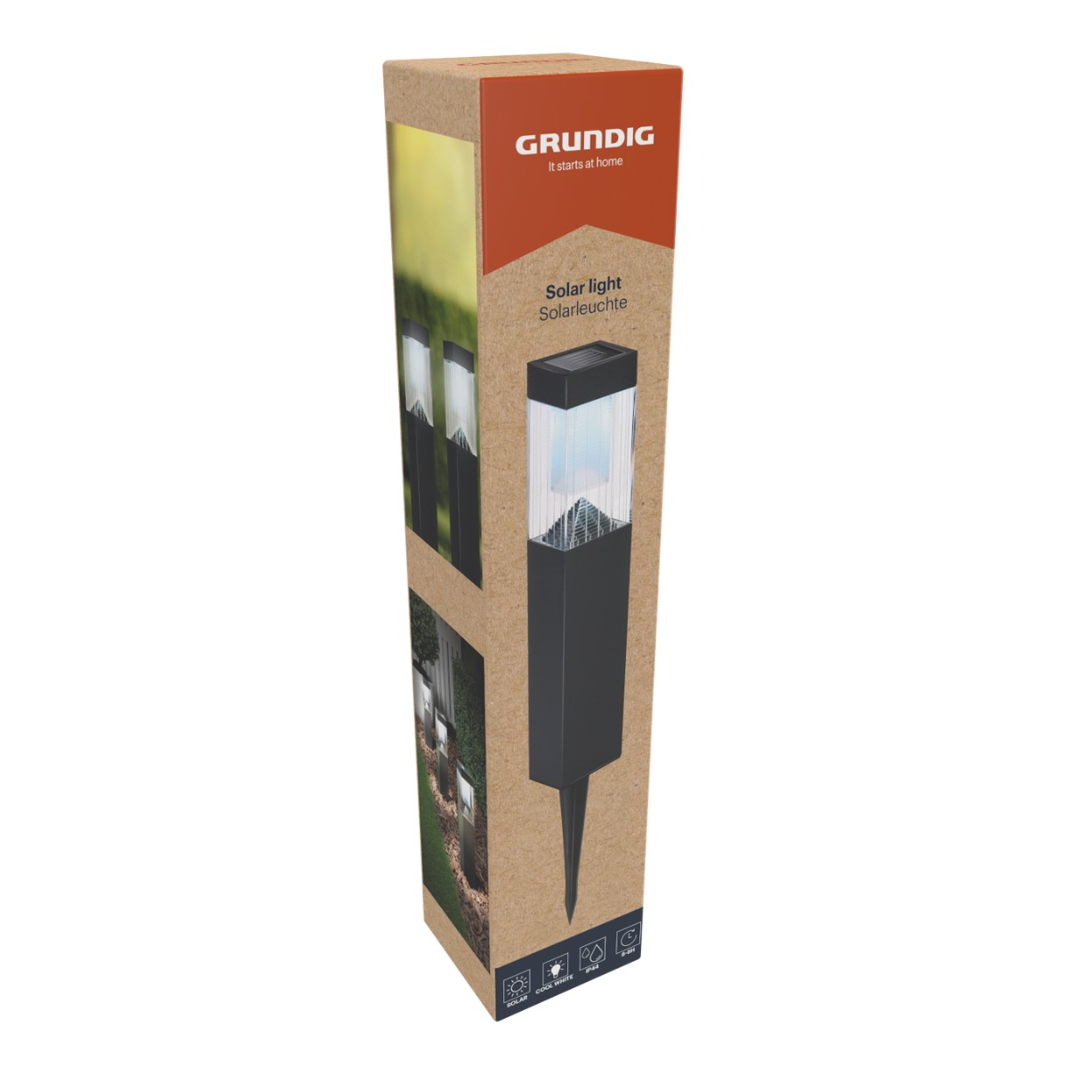 Emballage de lampe solaire Grundig montrant une lampe de jardin extérieure.