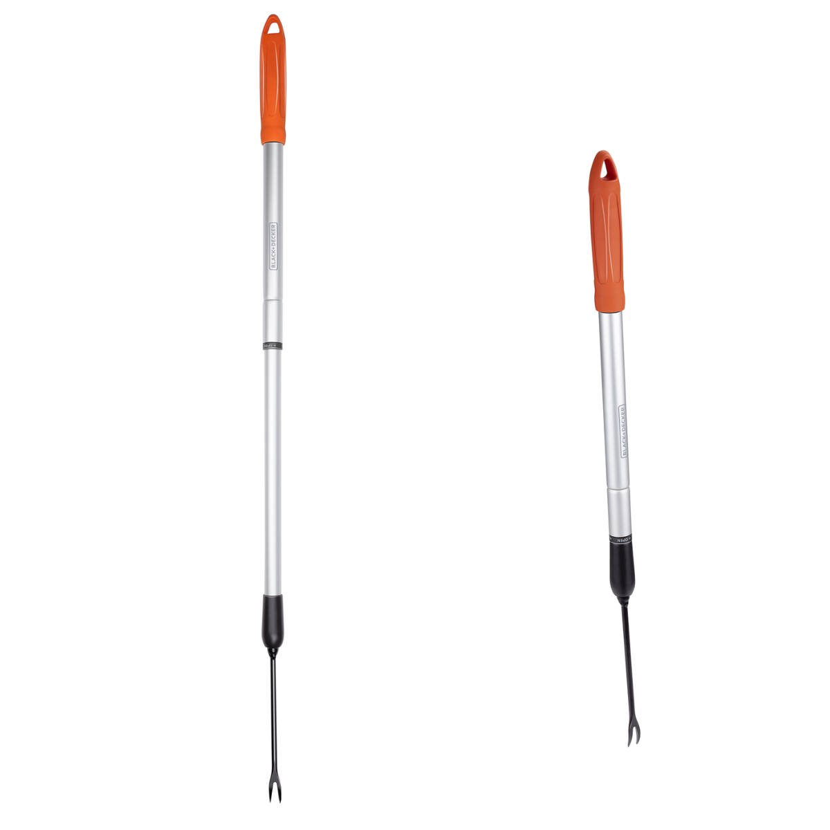 Two silver poles with orange handles and fork tips, one is longer.