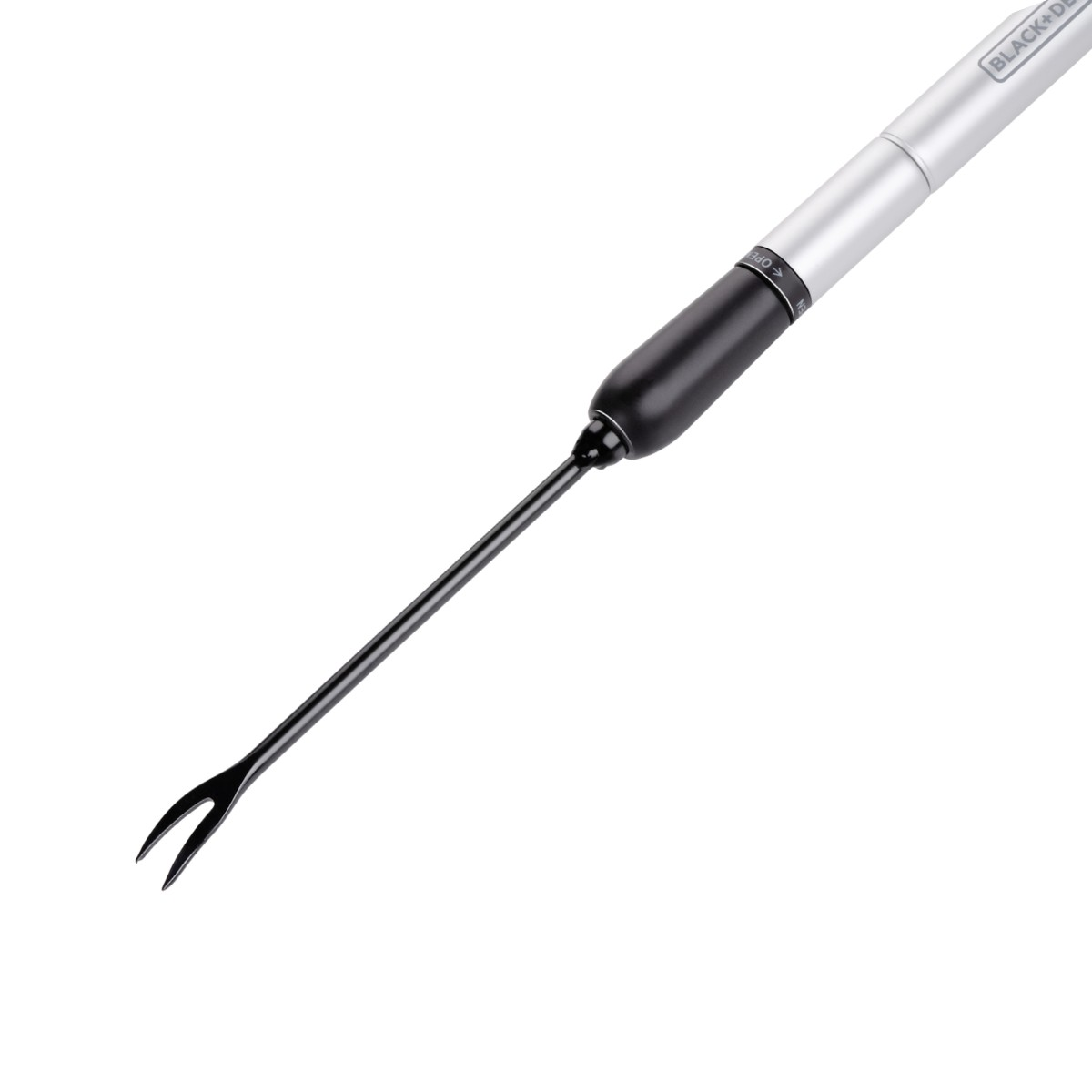 A black fork attachment with a silver handle, labeled "BLACK+DECKER".