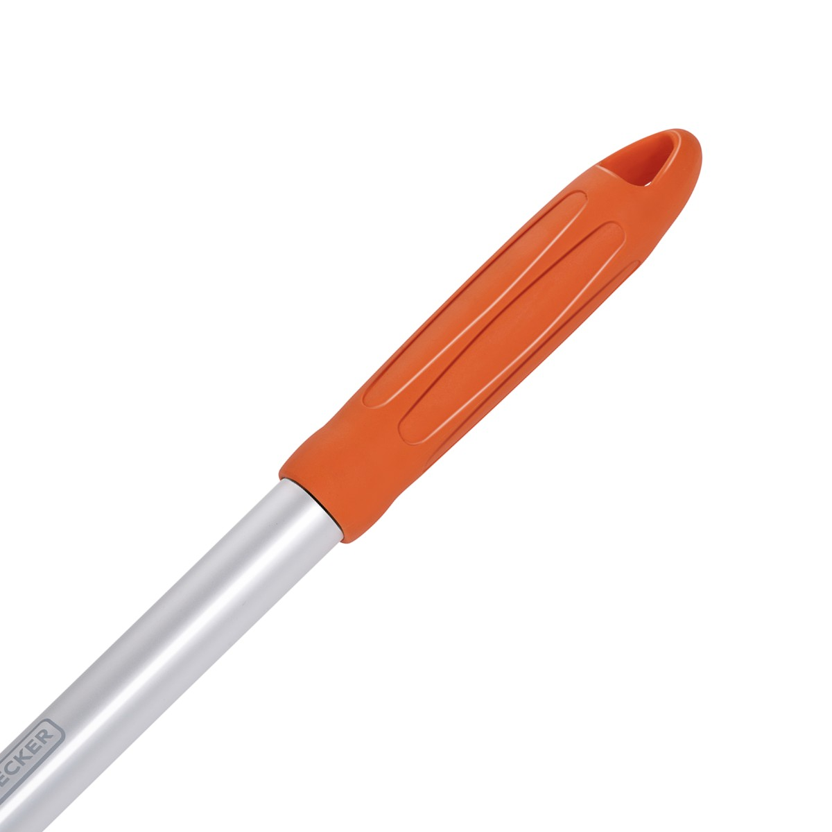 A silver handle with an orange, grooved grip and a hanging hole.
