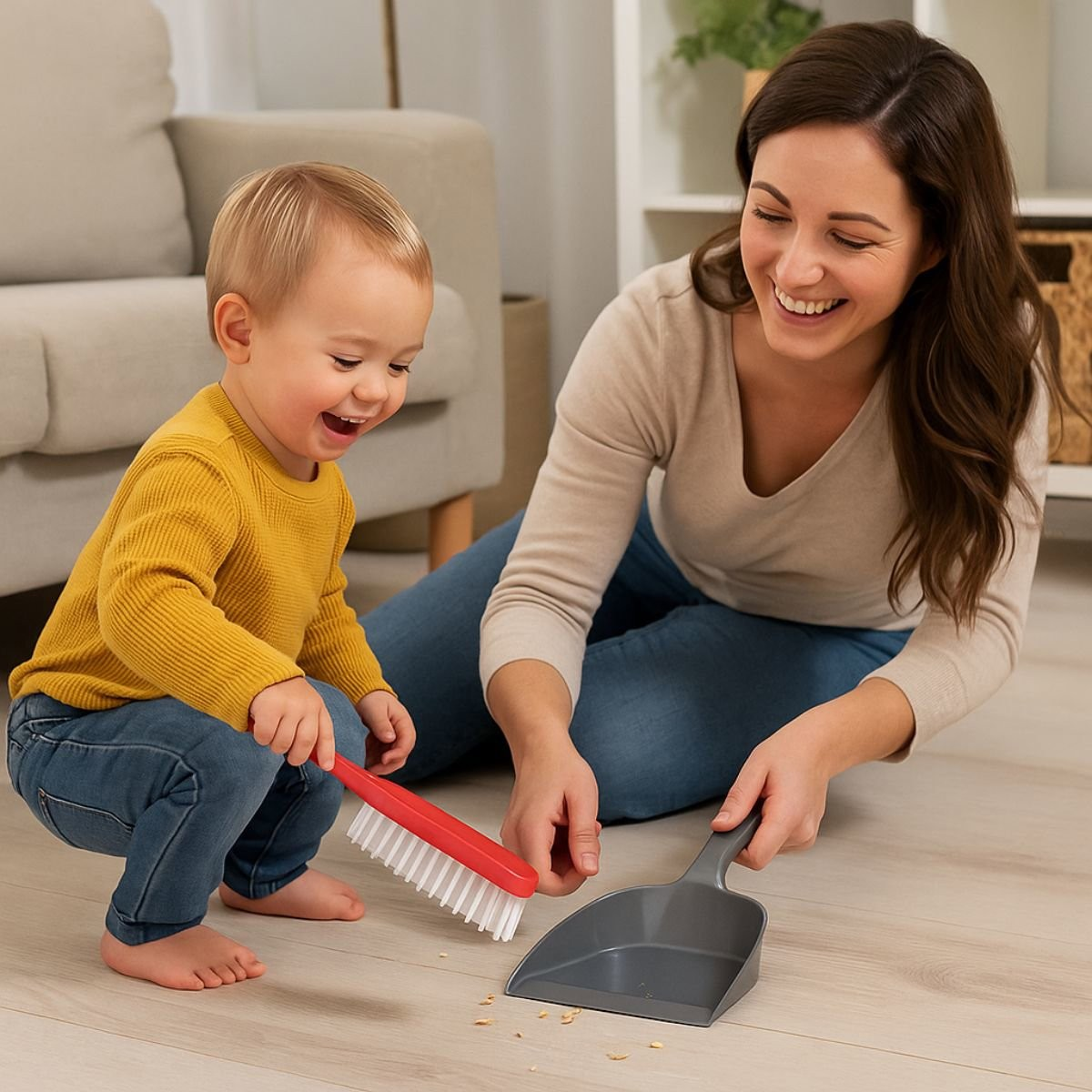Mère et enfant nettoyant le sol avec une brosse et une pelle.